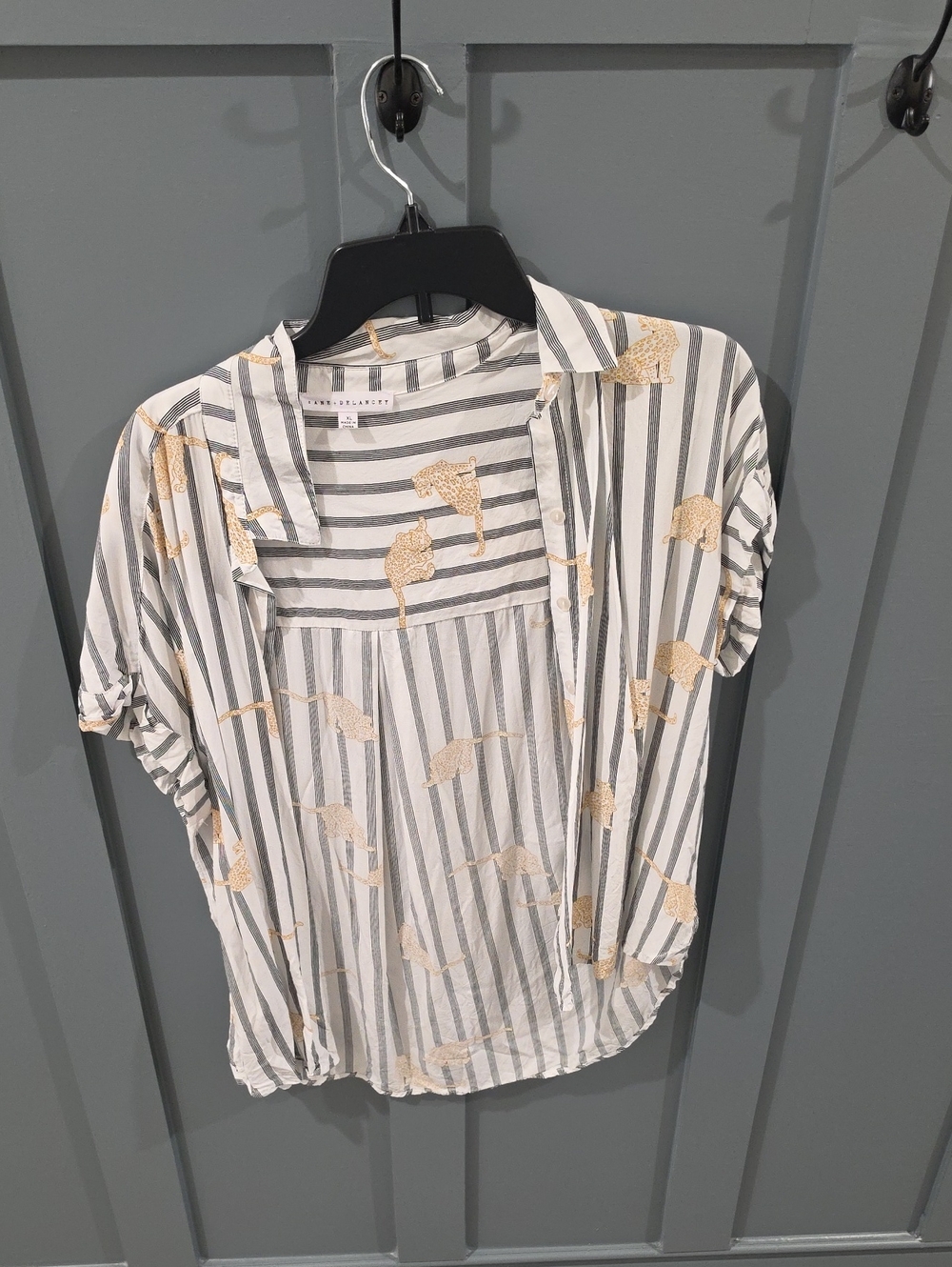Striped Short-Sleeve Button Front Top with Gold Floral Print